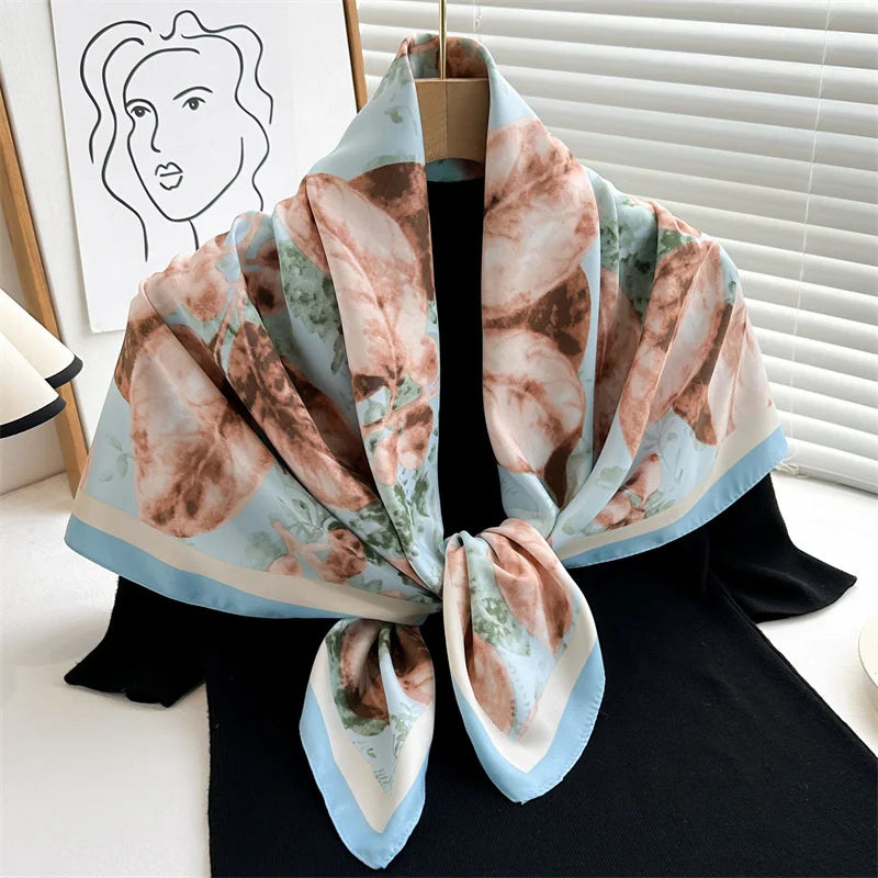 Luxury Square Silk Scarf - Elegant Tree Print Neck Shawl