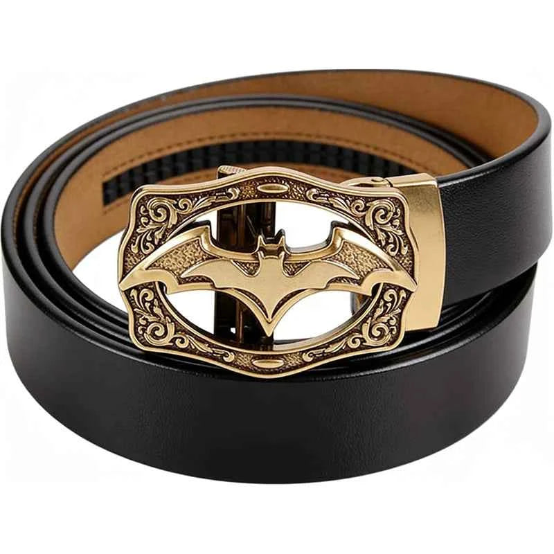 Men's Retro Automatic Belt with Bat Buckle Vintage Genuine Leather Waistband for Casual Wear Adjustable Male Jeans Waist Straps‌