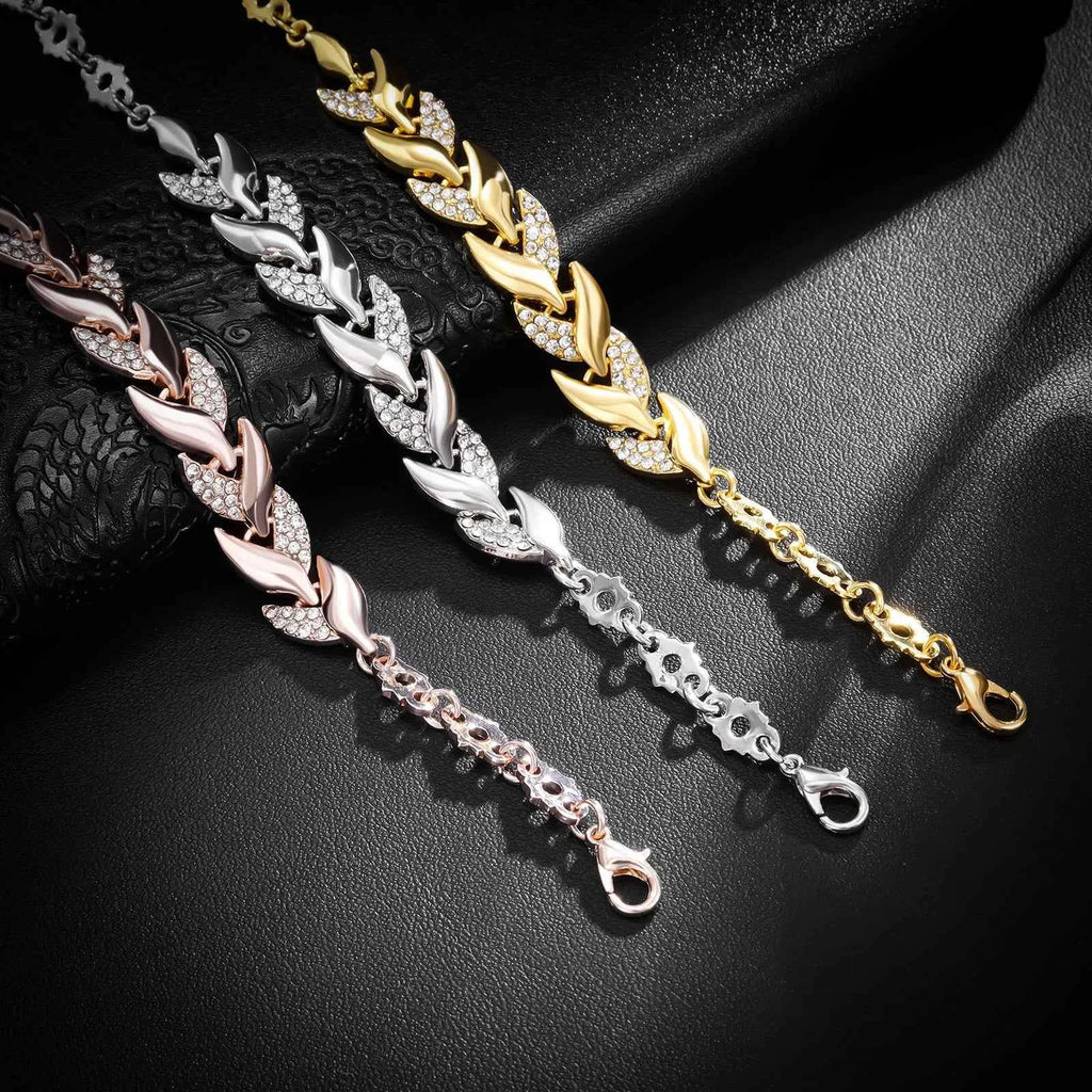 Elegant Crystal Wedding Bracelet - Braided Leaf Charm Design