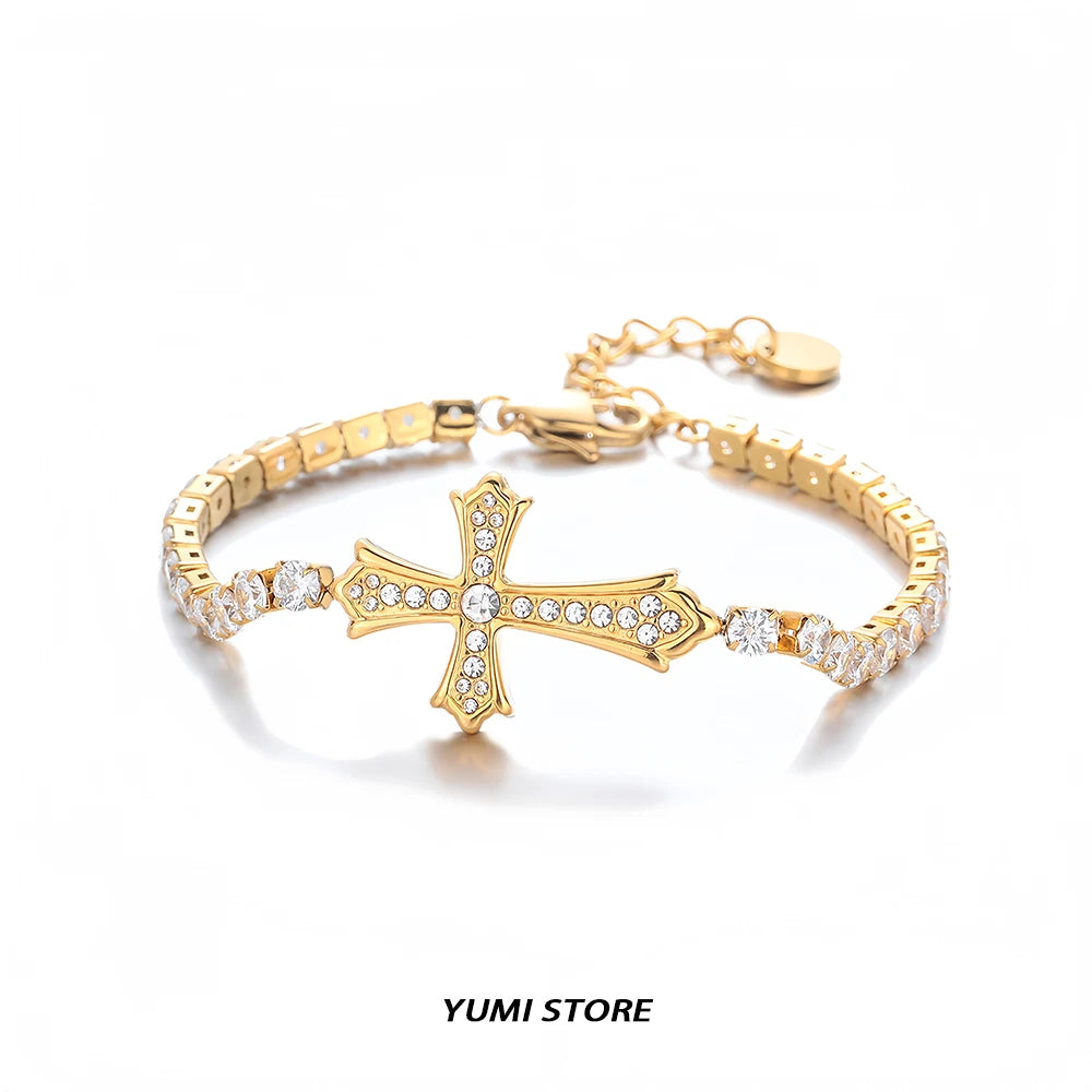 Titanium steel cross bracelet - gold and silver finishes with zircon accents