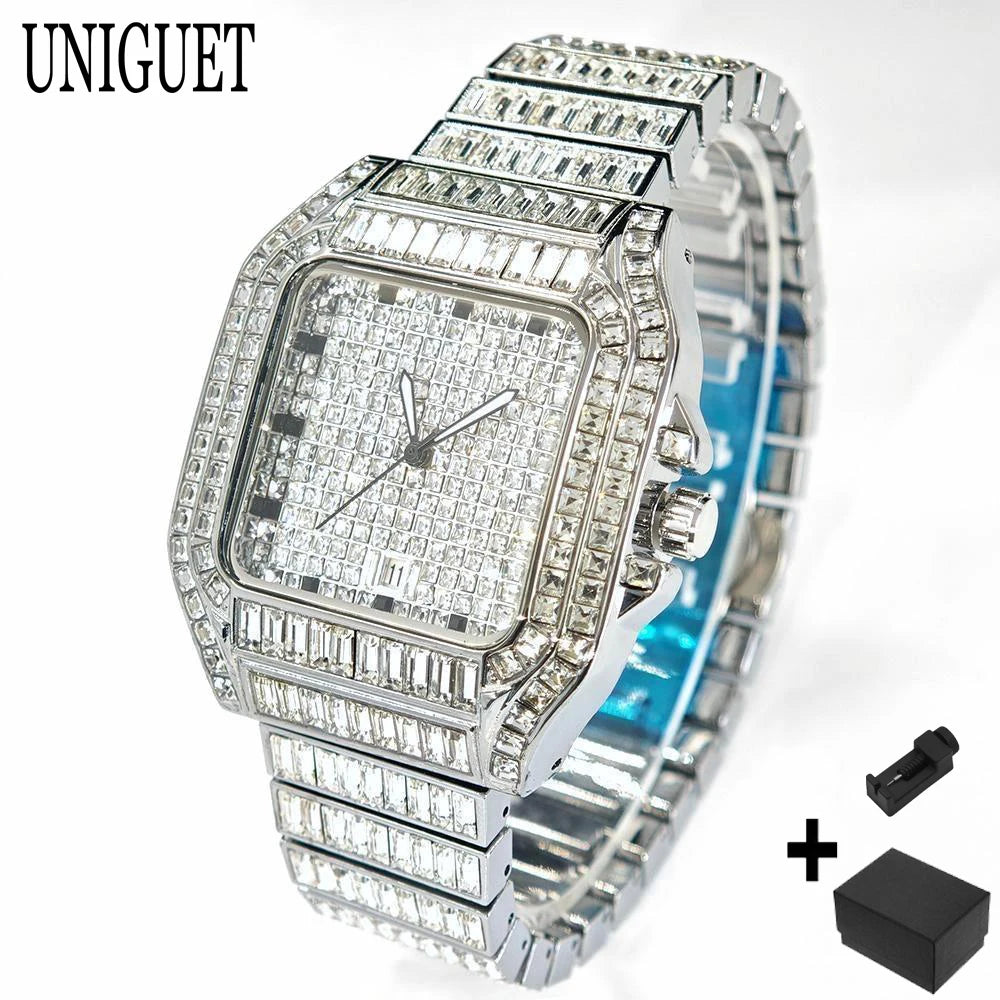 Luxury Gold Hip Hop Watch - Full Baguette Diamond Quartz Wristwatch