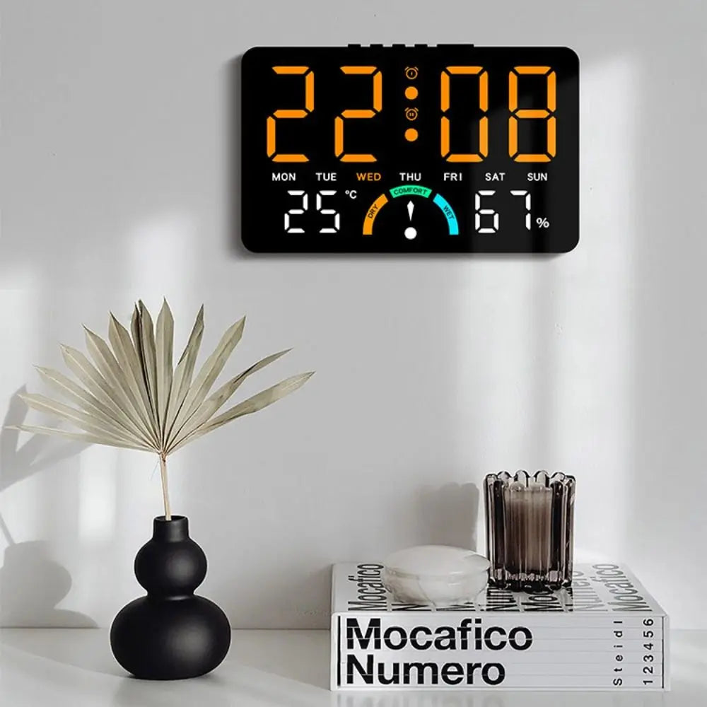 Digital LED Wall Clock - Black-Blue display with voice control and temperature