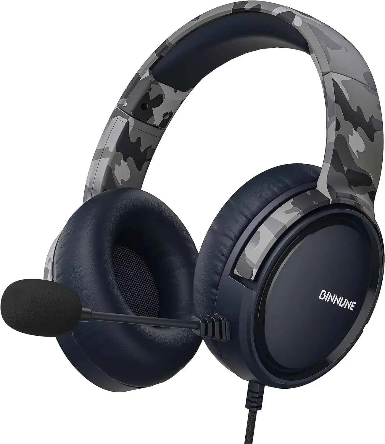 Gaming headset with mic - over-ear wired headphones in blue, white, and camo gray