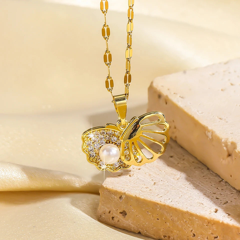 Elegant Shell Pearl Necklace - Micro Inlaid Zircon Choker