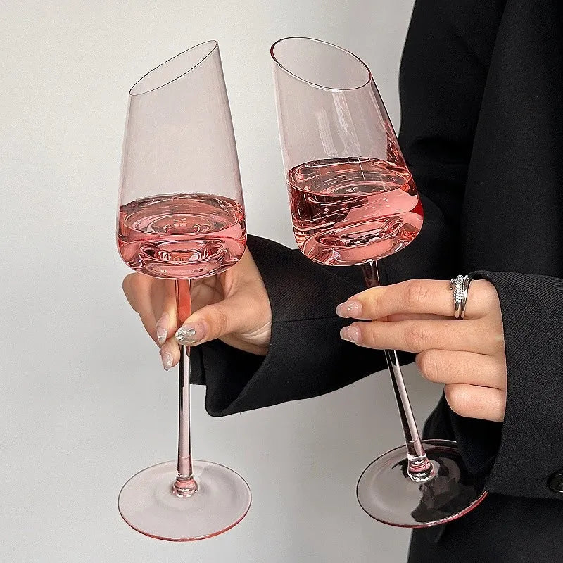 Elegant Pink Vintage Wine Glass - Slanted Mouth Design