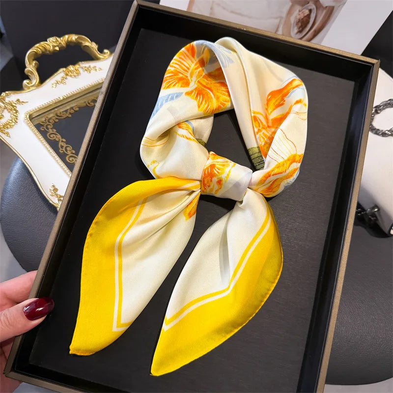 Elegant Bohemian Silk Square Scarf - Floral Satin Neck Scarf