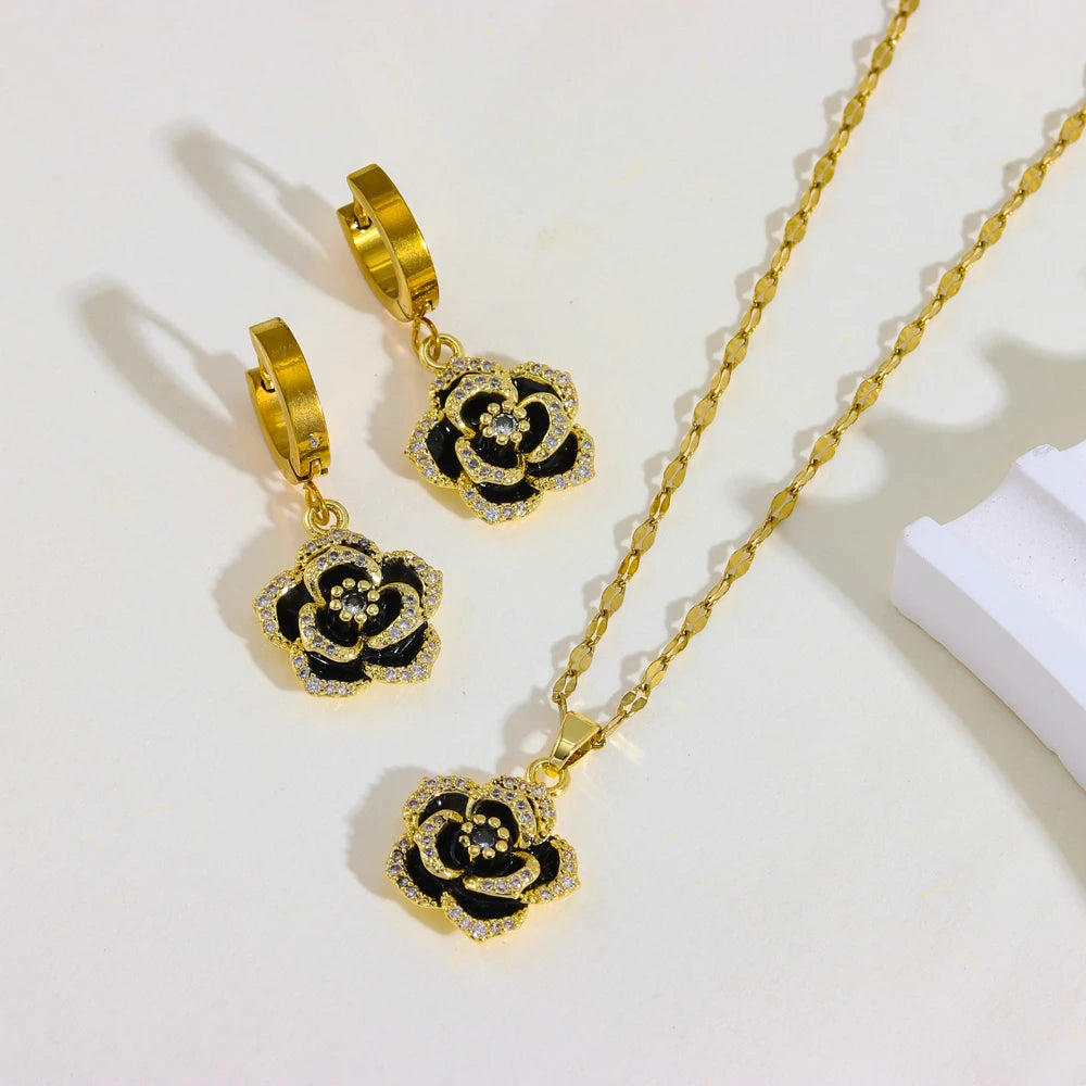 Luxury 18K Gold Plated Black Rose Jewelry Set
