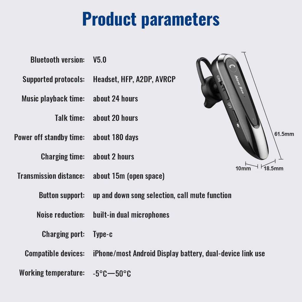 Premium Bluetooth 5.0 Headset with Dual Mic CVC8.0 Noise Reduction