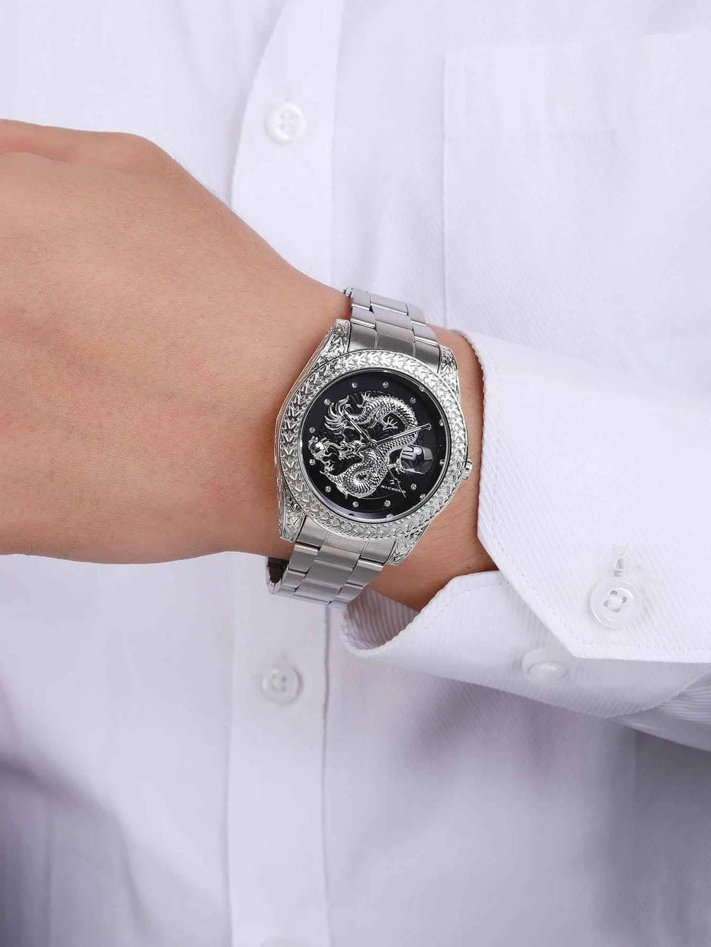 Ricecgo 1Pc Men's Classic Quartz Watch - Business Style, Round Dial, Rhinestone Scale, Calendar Display, Stainless Steel Strap, Quartz Movement, Ideal Gift for Daily Wearing, Birthday or Special Occasion, Father's Day