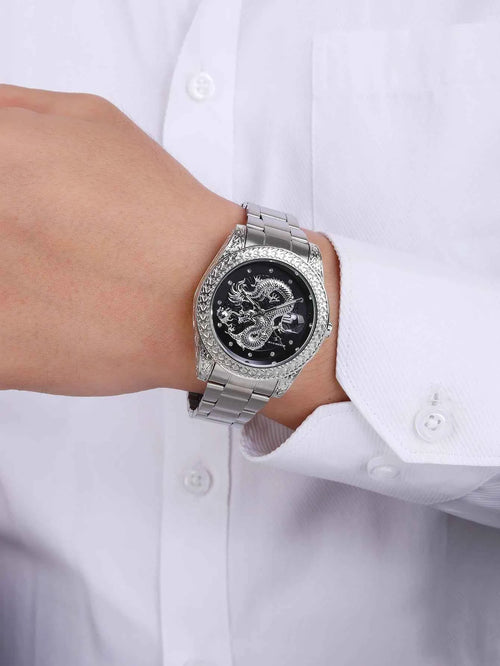 Ricecgo 1Pc Men's Classic Quartz Watch - Business Style, Round Dial, Rhinestone Scale, Calendar Display, Stainless Steel Strap, Quartz Movement, Ideal Gift for Daily Wearing, Birthday or Special Occasion, Father's Day
