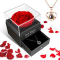 artificial flower gift box - red rose with an "I Love You" necklace inside an elegant black box