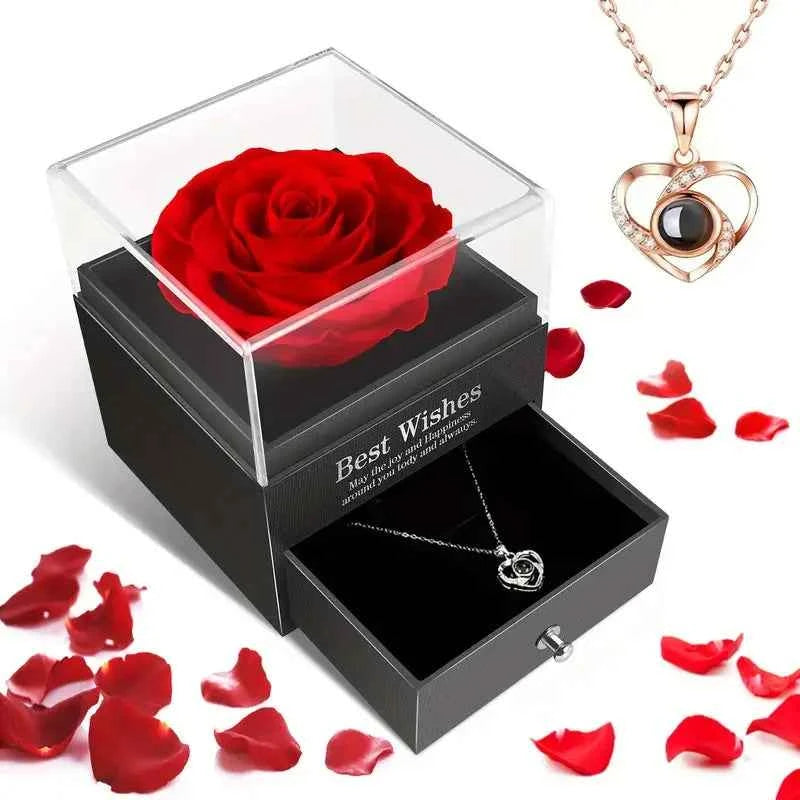 artificial flower gift box - red rose with an "I Love You" necklace inside an elegant black box