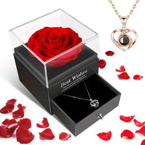 artificial flower gift box - red rose with an "I Love You" necklace inside an elegant black box
