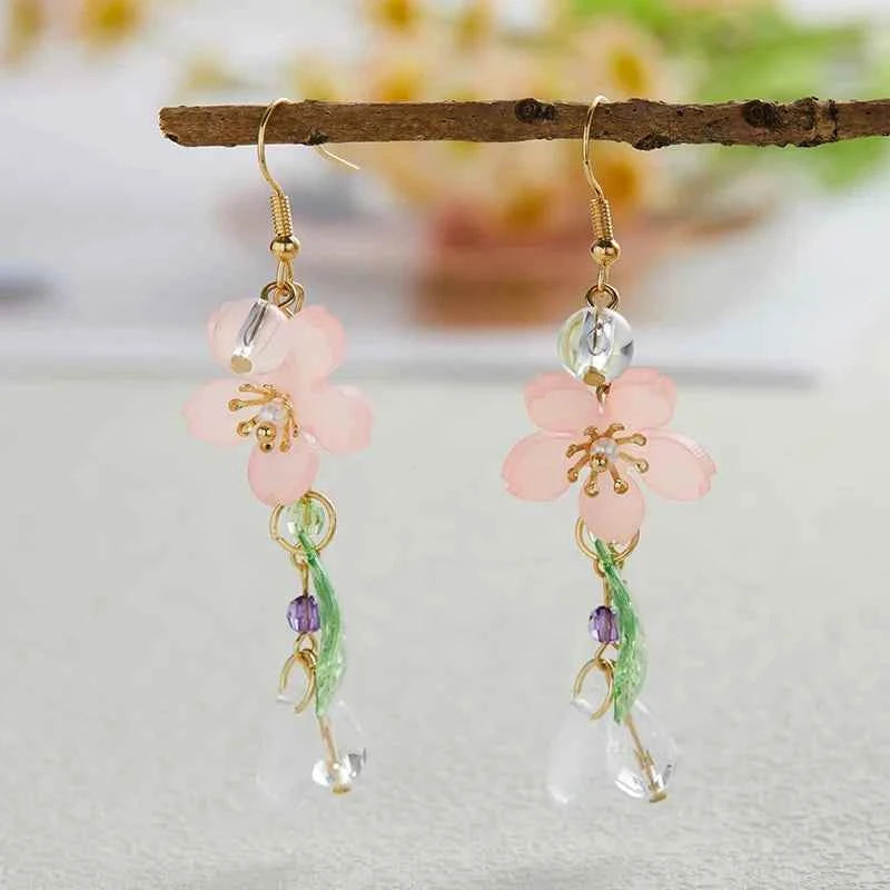 Elegant Pink Flower Tassel Drop Earrings - Long Floral Holiday Jewelry