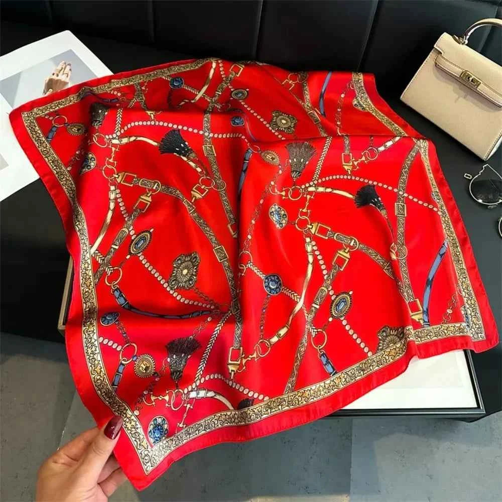 Luxury Red Chain Print Small Square Scarf - Simulated Silk