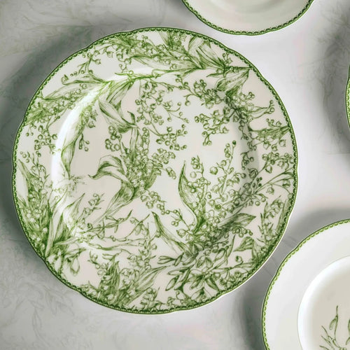 Ceramic Dinner Plate Set - 24 piece floral design in elegant green