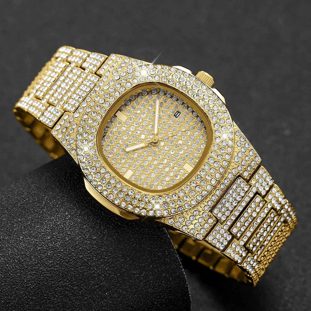 Luxury Diamond Men's Quartz Watch - Stainless Steel with Calendar