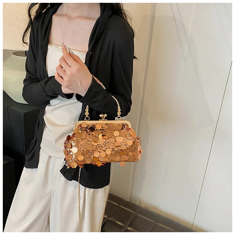 Elegant Sequins Evening Clutch Bag - Bling Chain Strap