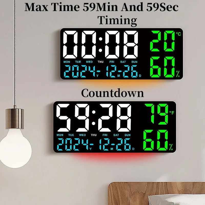 Premium Large Digital Wall Clock - 7-Color Mood Light & Dual Alarm