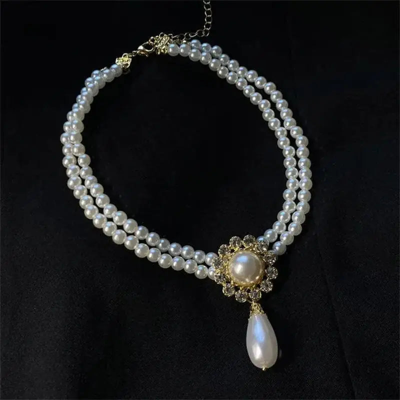 Luxury Vintage Double-Layer Pearl Crystal Choker Necklace