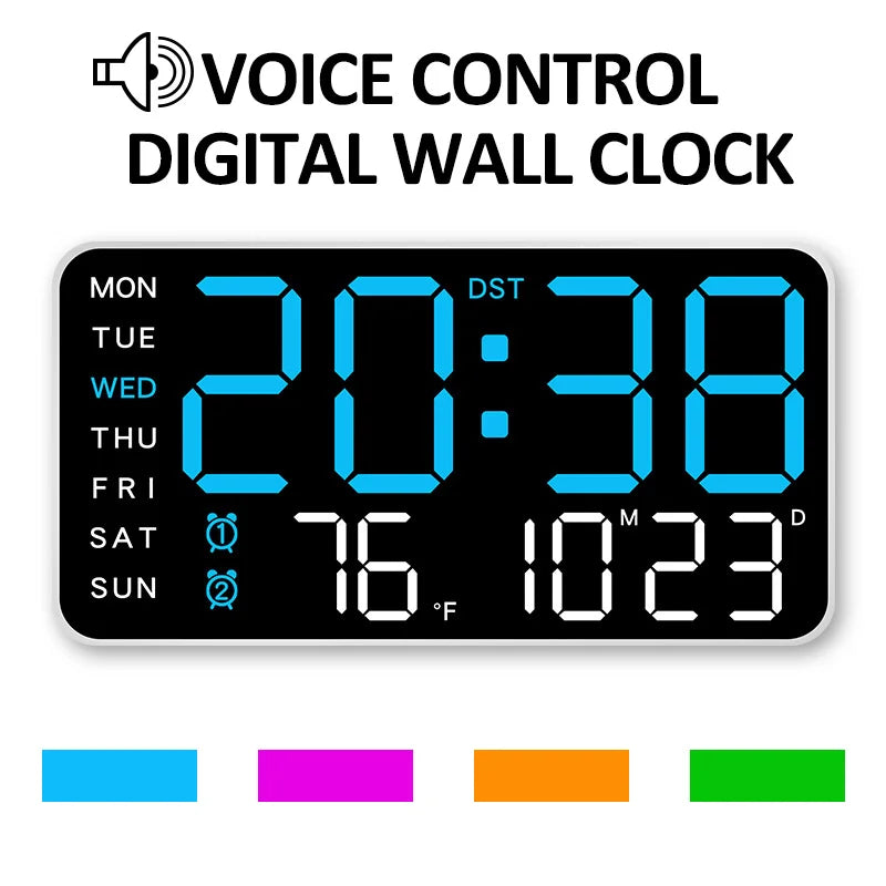Large digital wall clock - black with blue LED display, remote control, and USB power