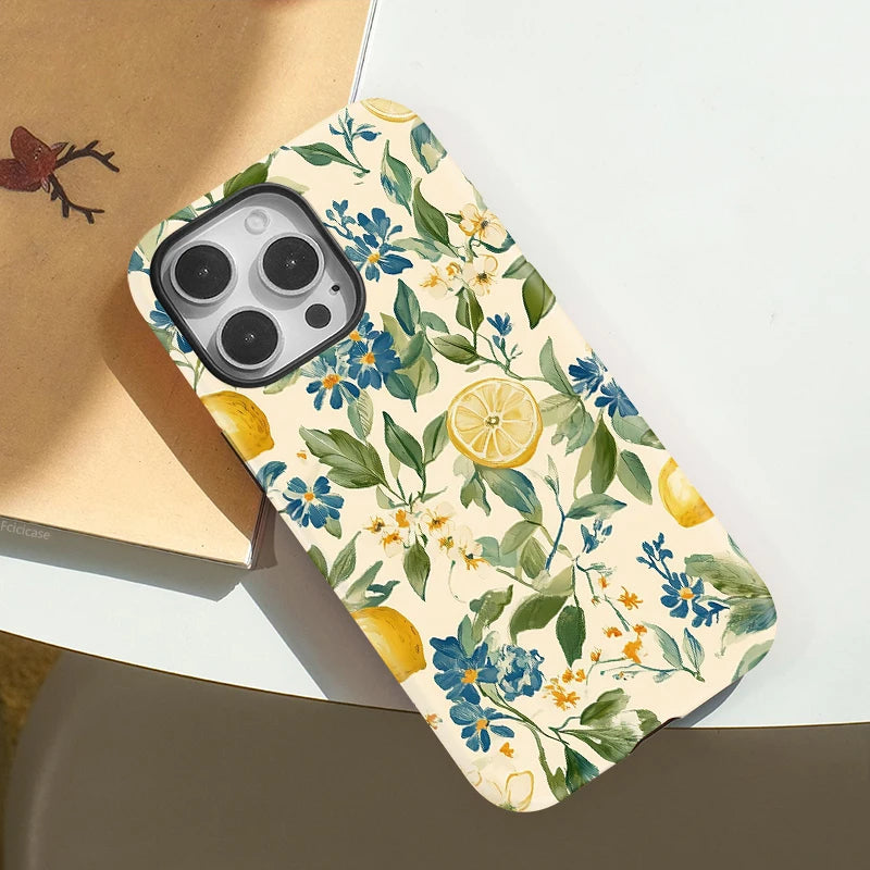 Premium Magnetic Shockproof iPhone Case - Floral Lemon Design