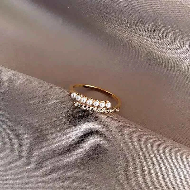 Elegant Gold Pearl Open Ring - Dainty Rhinestone Stacking Jewelry