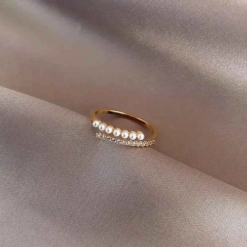 Elegant Gold Pearl Open Ring - Dainty Rhinestone Stacking Jewelry