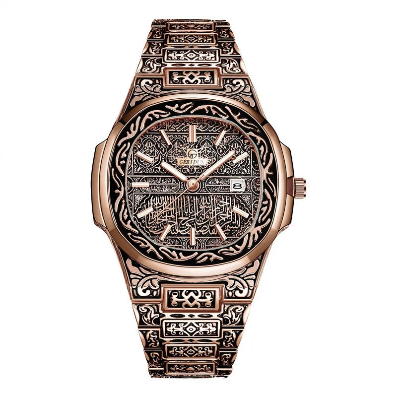 Elegant Men's Quartz Wristwatch - Embossed Stainless Steel