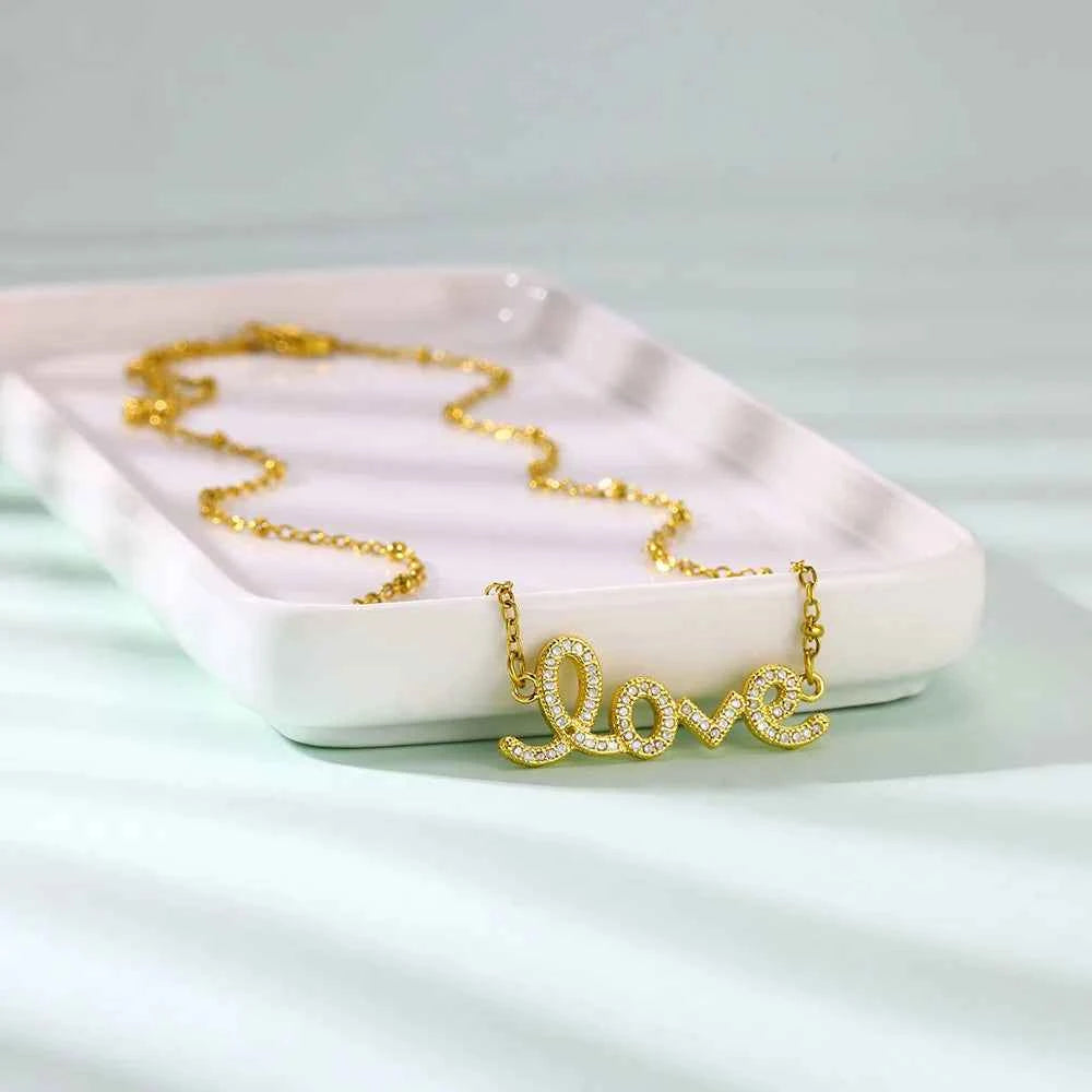 Luxury Zircon Love Letter Pendant Necklace - Gold Stainless Steel