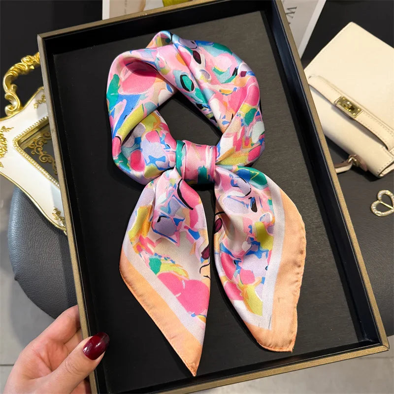 Elegant Bohemian Silk Square Scarf - Floral Satin Neck Scarf
