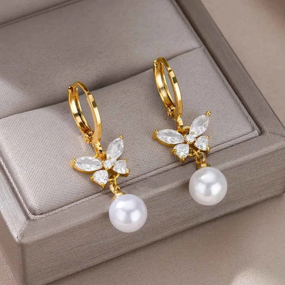 Luxury Butterfly Pearl Earrings - Gold Plated Zircon Jewelry