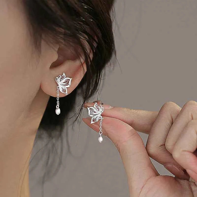 Luxury Sterling Silver Hollow Butterfly Stud Earrings