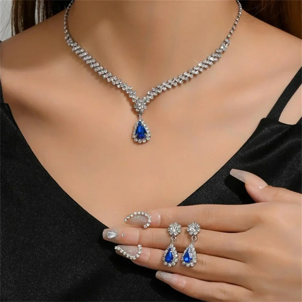 Elegant Crystal Necklace Set - Water Drop Pendant Party Jewelry