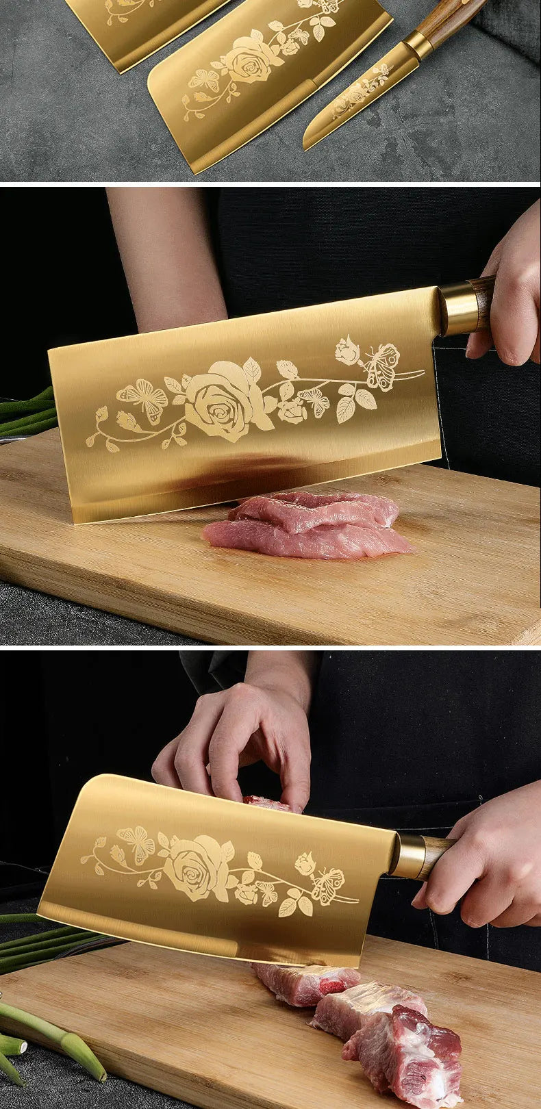 Luxury 4-Piece Chef Knife Set - Golden Rose Pattern Stainless Steel