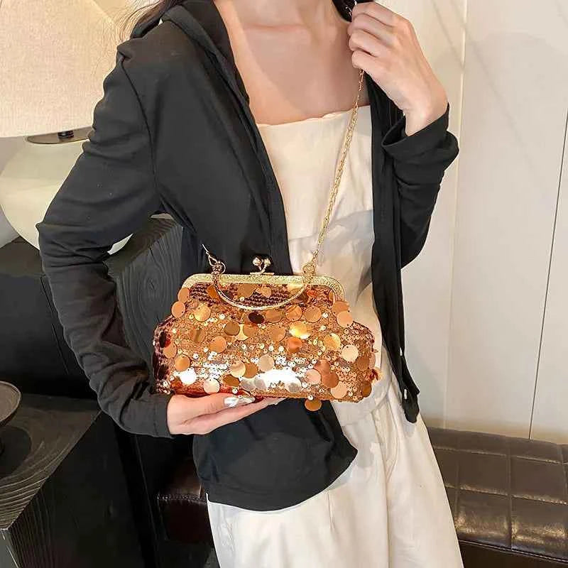 Elegant Sequins Evening Clutch Bag - Bling Chain Strap