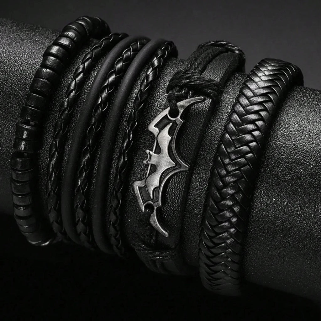Punk Bat PU Leather Braided Bracelet - Black Multi-Layer