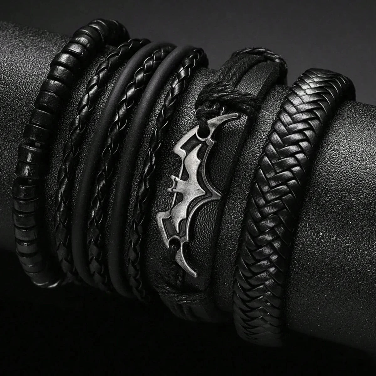 Punk Bat PU Leather Braided Bracelet - Black Multi-Layer
