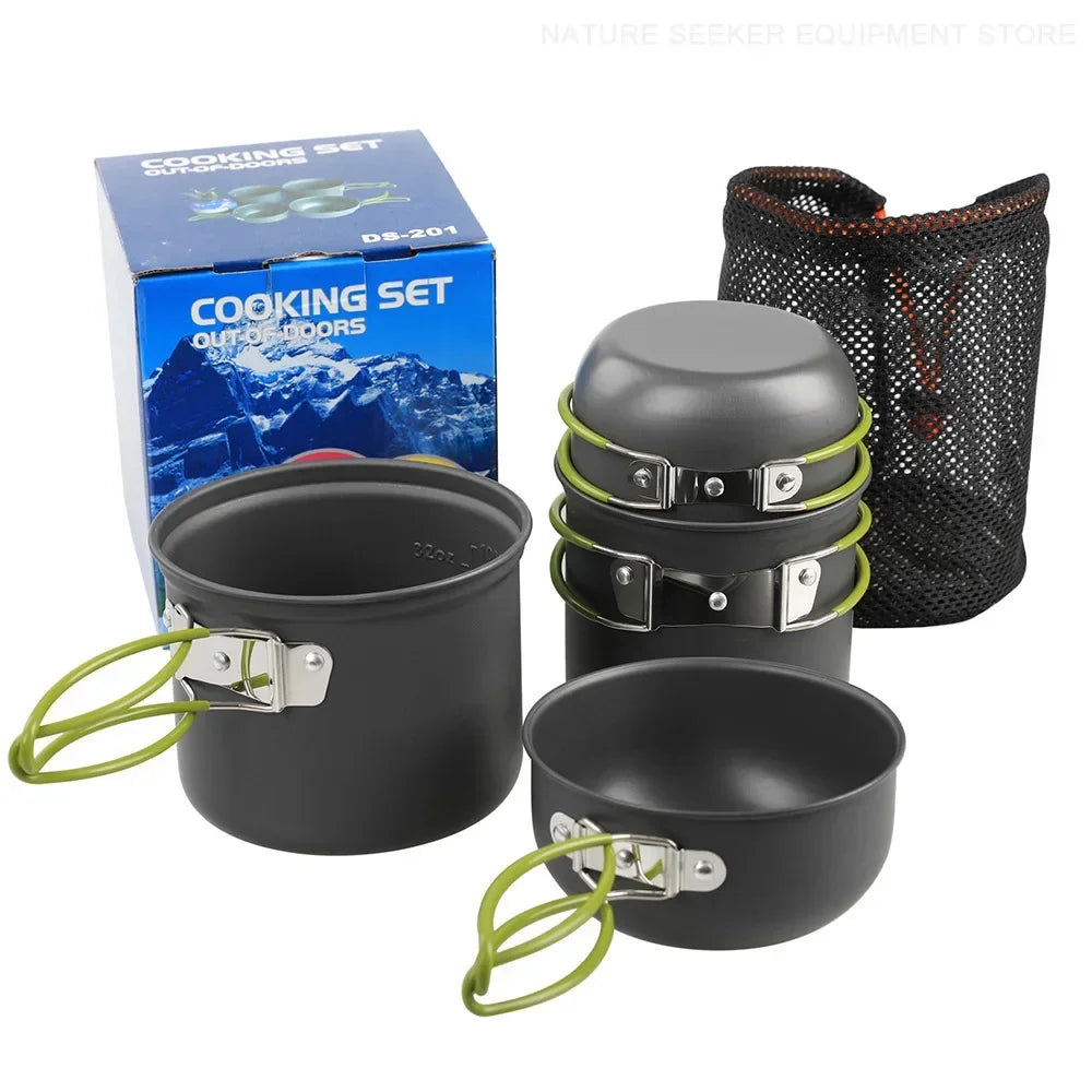 Portable Camping Cookware Set - dark grey aluminium alloy pots and bowls in a mesh bag