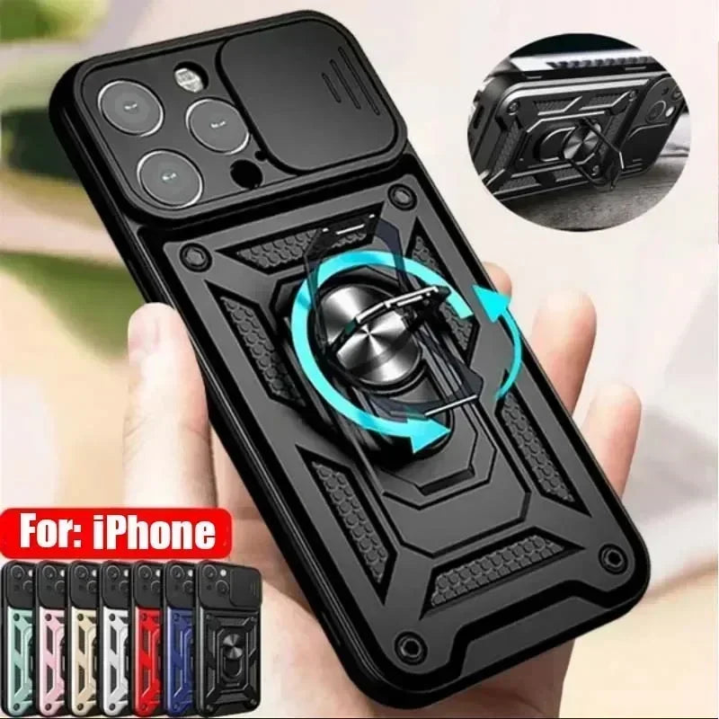 iPhone shockproof case - black rugged armor with slide camera cover