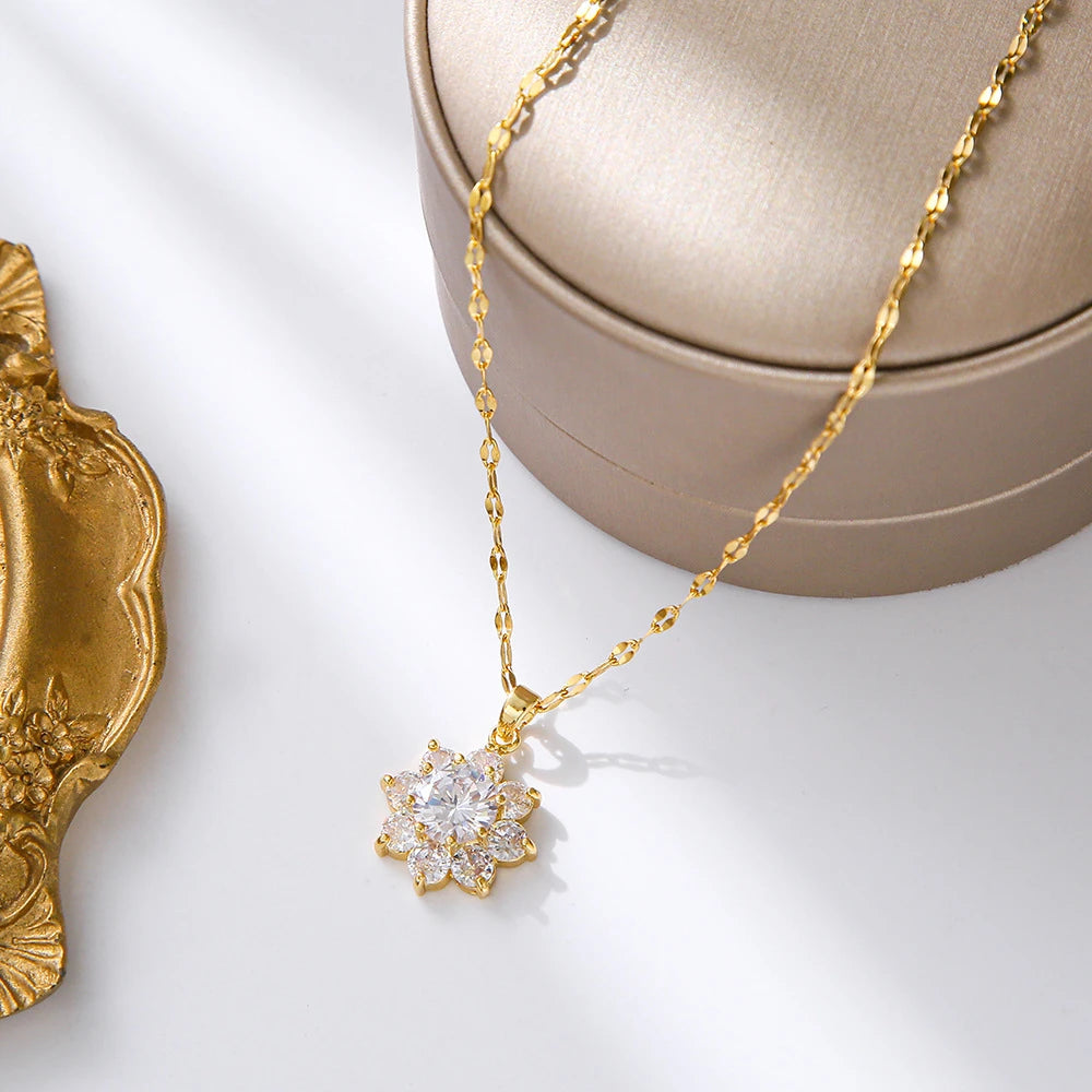 Elegant Zircon Crystal Necklace - Stainless Steel Clavicle Chain