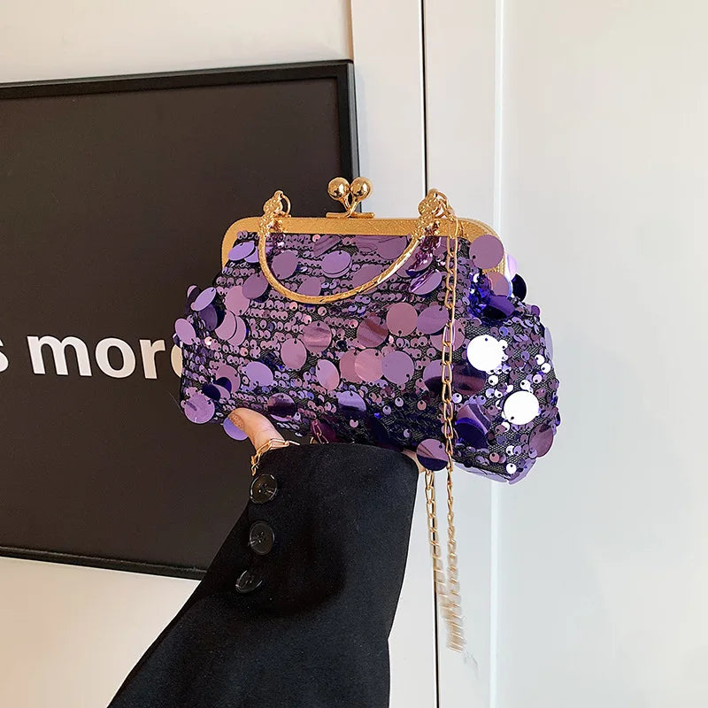 Elegant Sequins Evening Clutch Bag - Bling Chain Strap
