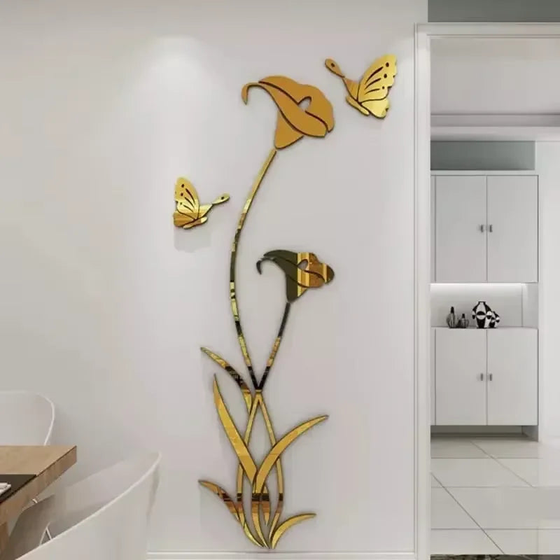 Elegant Butterfly Lily Wall Decals - Acrylic Mirror Art