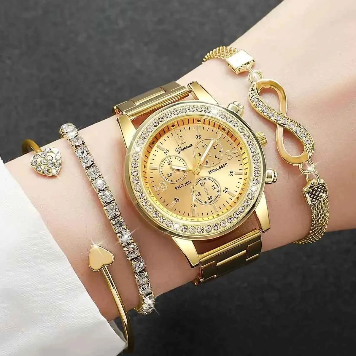 Elegant Ladies Quartz Watch Set - Luxury Rhinestone Steel Band