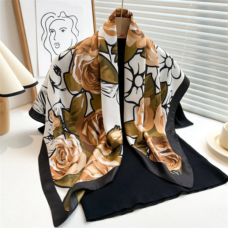 Luxury Square Silk Scarf - Elegant Tree Print Neck Shawl