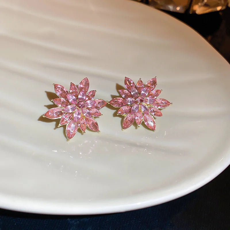 Luxury Crystal Flower Stud Earrings - Elegant Floral Design