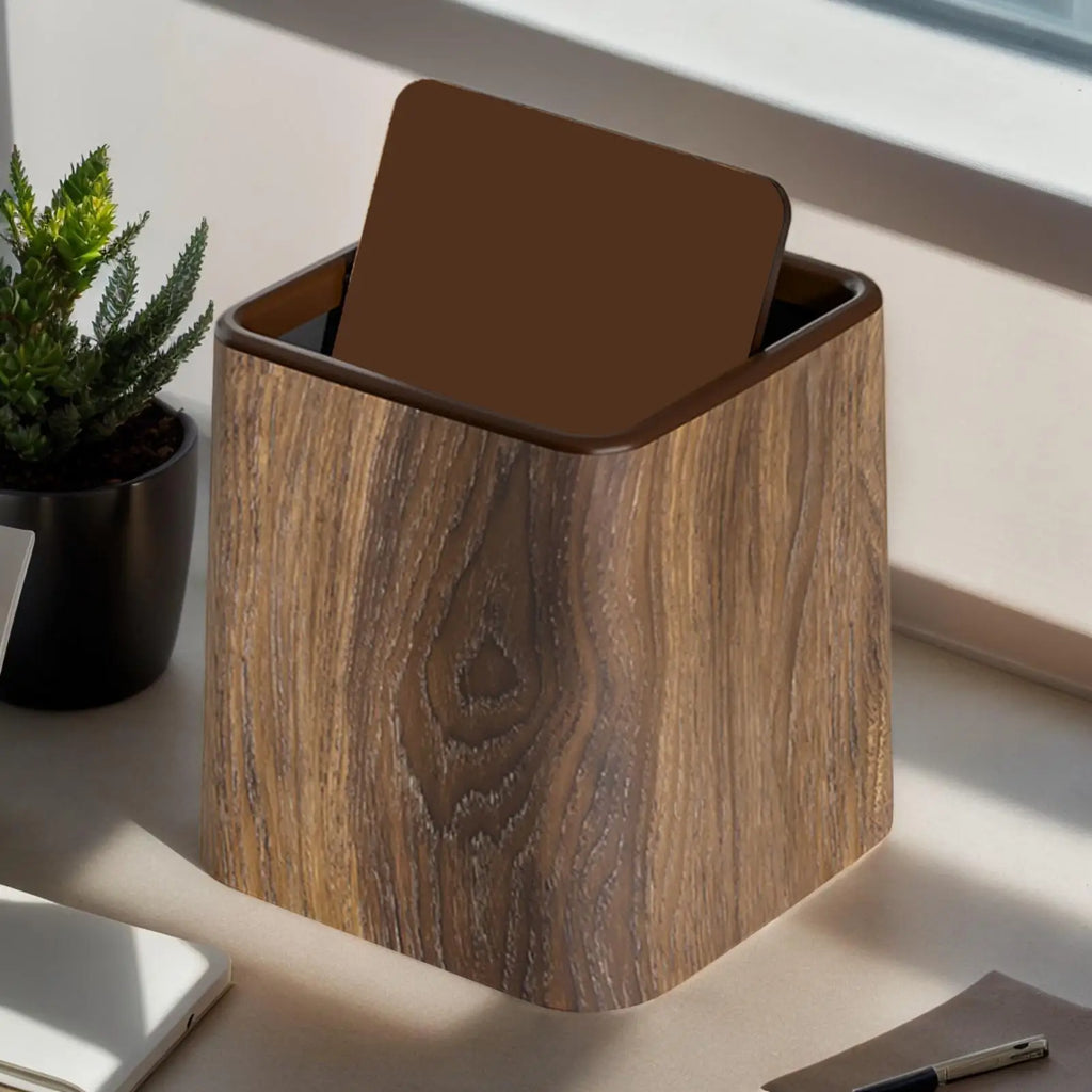 Elegant Small Desk Trash Can - Retro Wood Grain Design