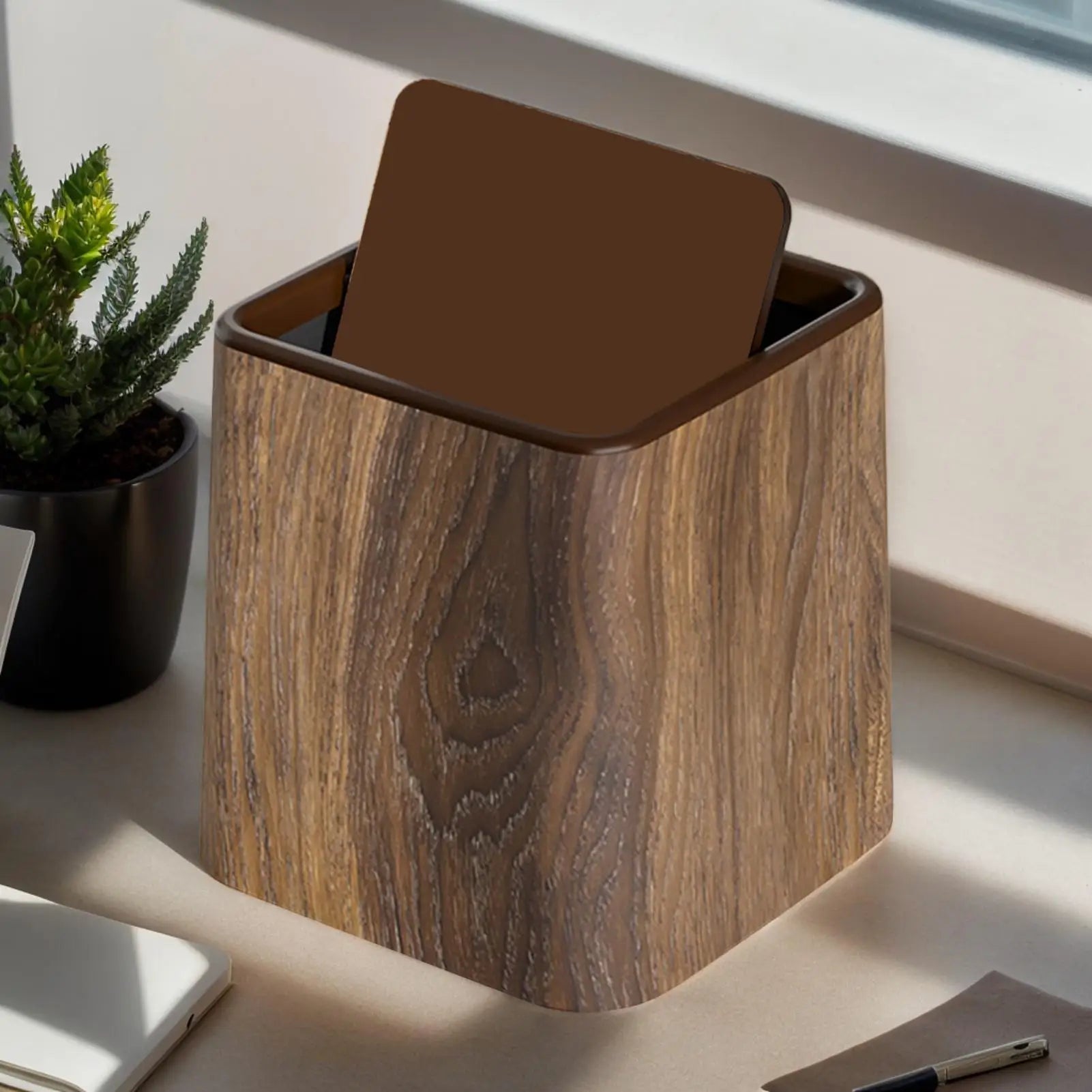 Elegant Small Desk Trash Can - Retro Wood Grain Design