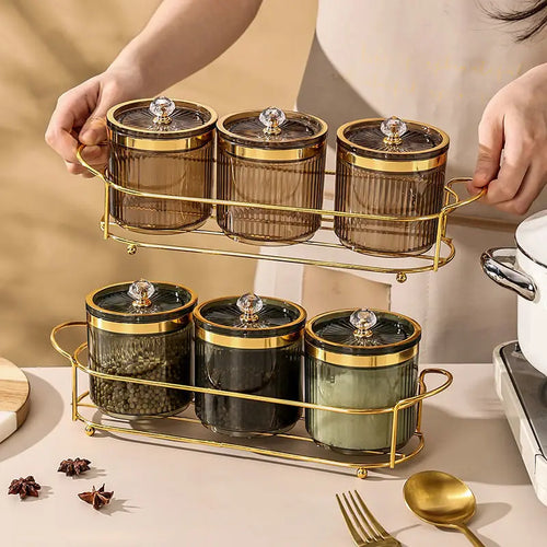 Luxury Spice Jar Rack - elegant metal rack with multiple pottery spice jars, sealed for freshness