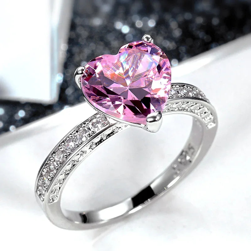 Luxury Heart Engagement Ring - Brilliant Pink CZ Solitaire